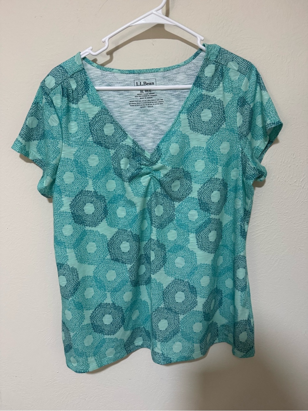 L.L. Bean Teal V-Neck Short Sleeve Top with Floral Dot Pattern